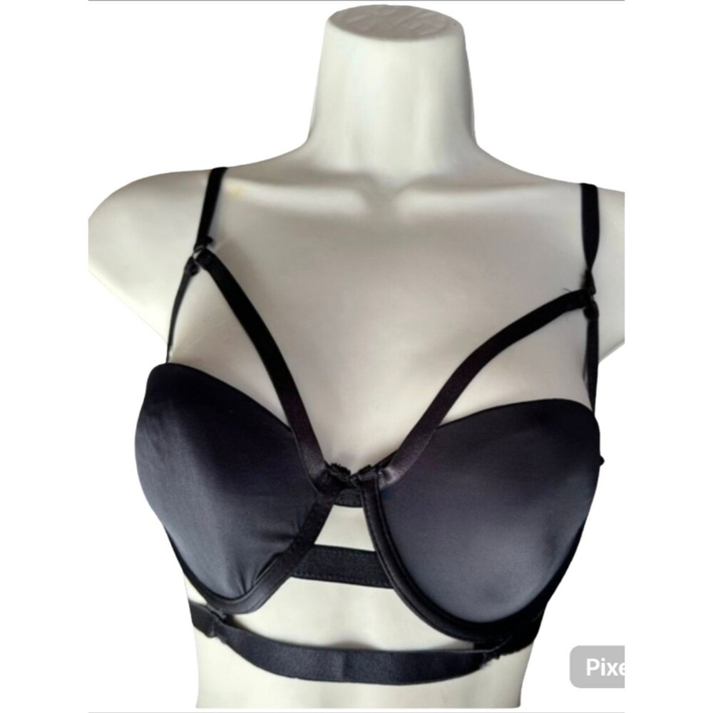 Black Strappy Cage Bra 34C Padded Underwire Harness Style Lingerie